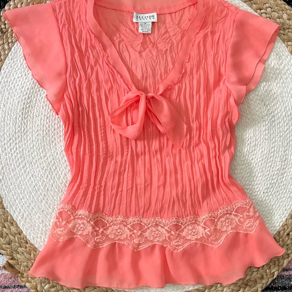 y2k Top Crinkle Chiffon Wrinkle Blouse Flutter Cap Sleeve Ruffles Lace - Picture 12 of 16